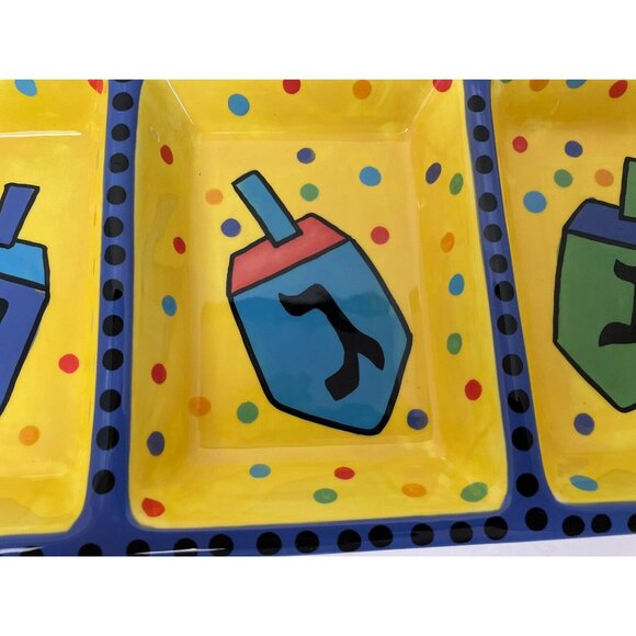 Vizglass Dreidel Divided Serving Jewish Tray Hand-Painted 18" x 6" Themed - Picture 4 of 5